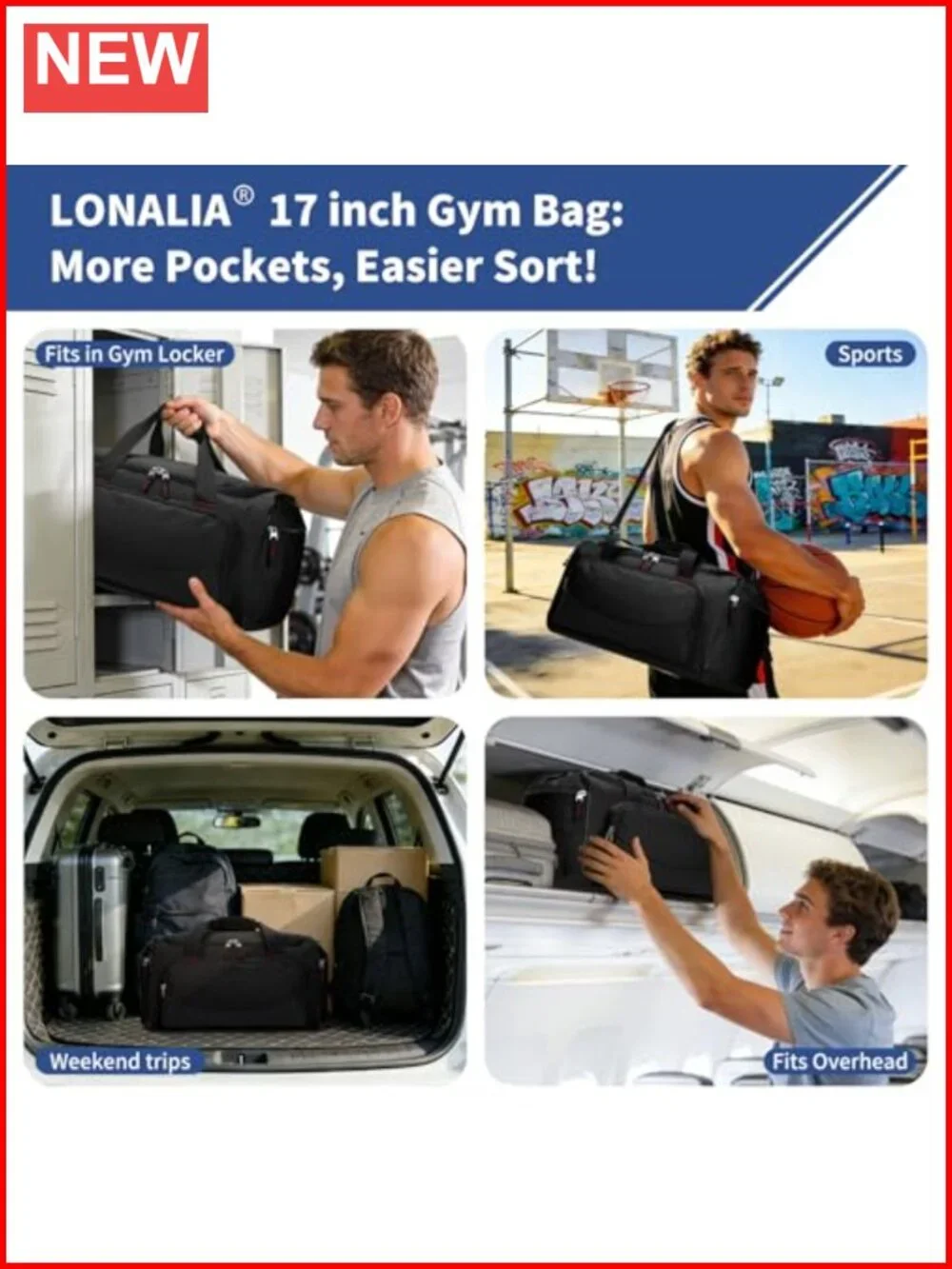 30L Gym Sport Duffle Bag - 17 inch Carry on Weekender Overnight Bag for Travel
